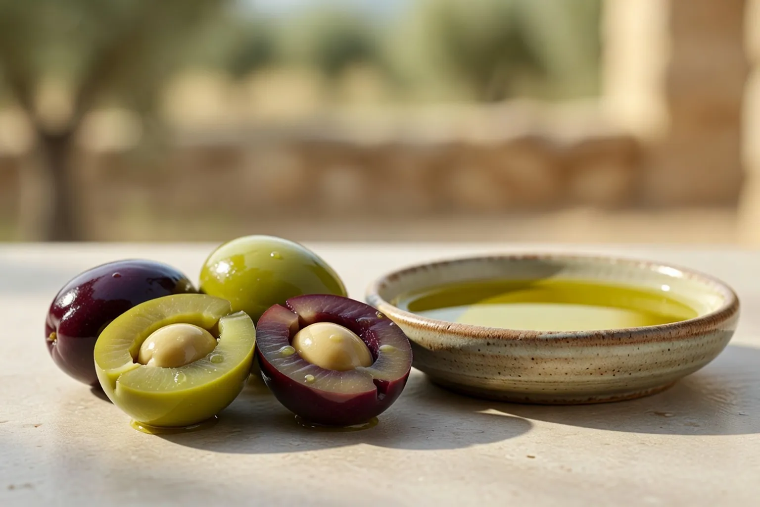 Olives coupées en deux montrant la pulpe, à côté d'une coupelle d'huile
