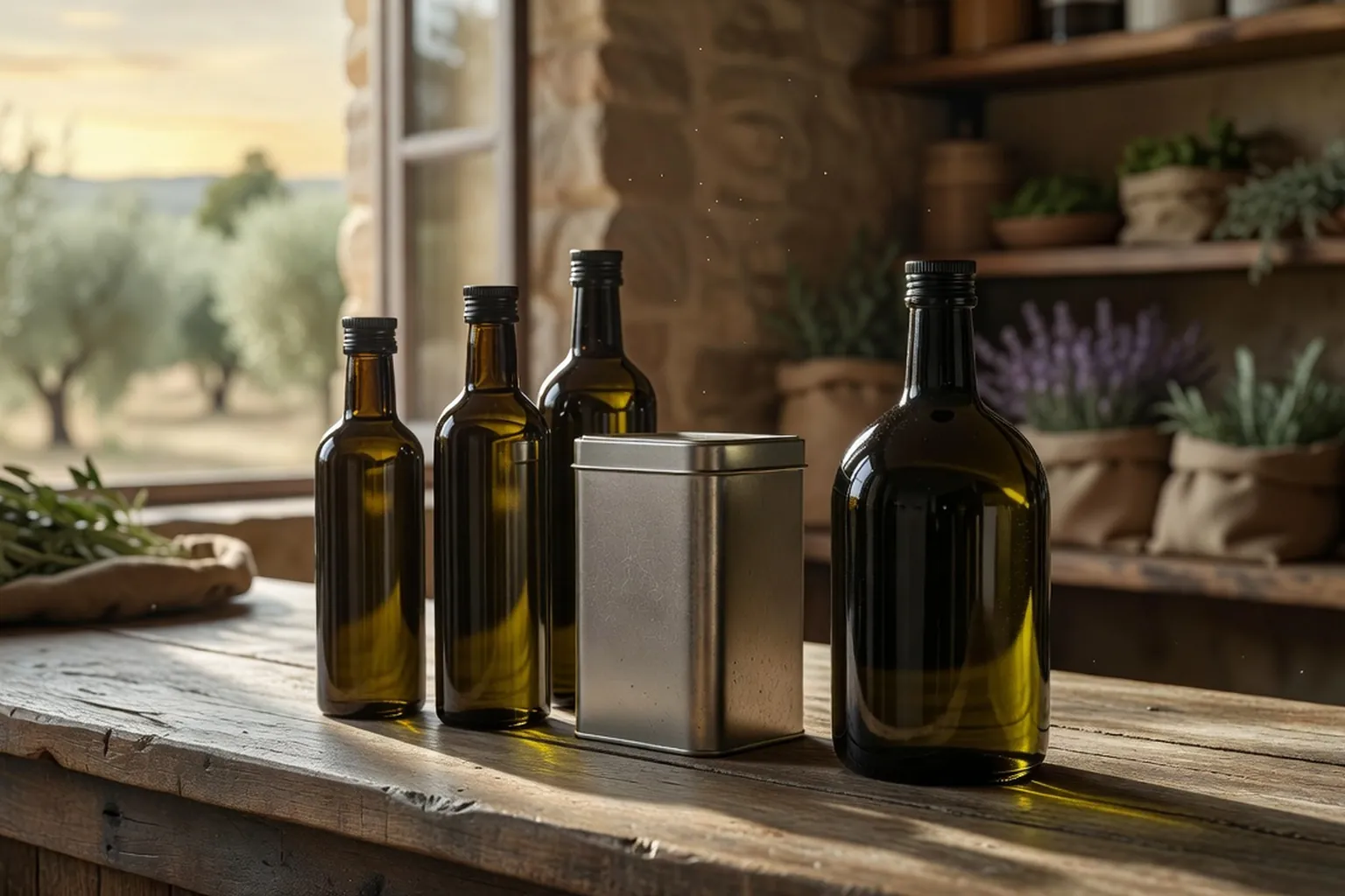 Bouteilles teintées et bidon d'huile d'olive de différents formats sur un comptoir