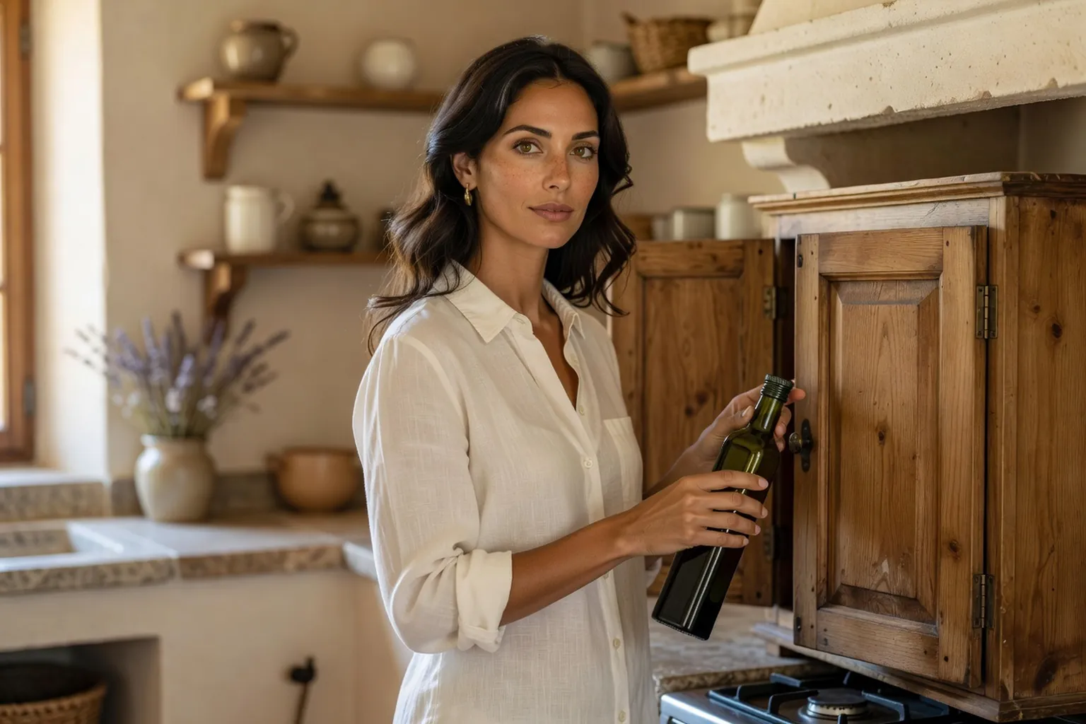Femme rangeant une bouteille d'huile d'olive en verre teinté dans un placard