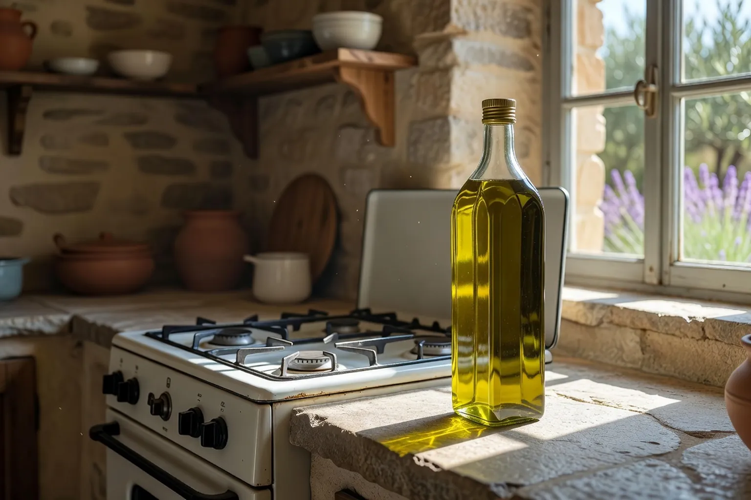 Bouteille d'huile d'olive en verre clair exposée au soleil près d'une cuisinière