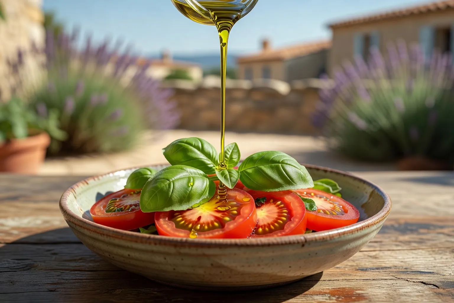 Filet d'huile d'olive versé à cru sur une salade de tomates au basilic