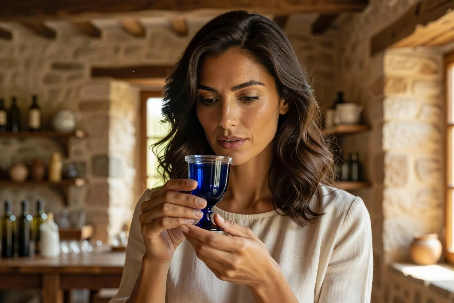 Dégustatrice réchauffant un verre bleu d'huile d'olive dans sa main