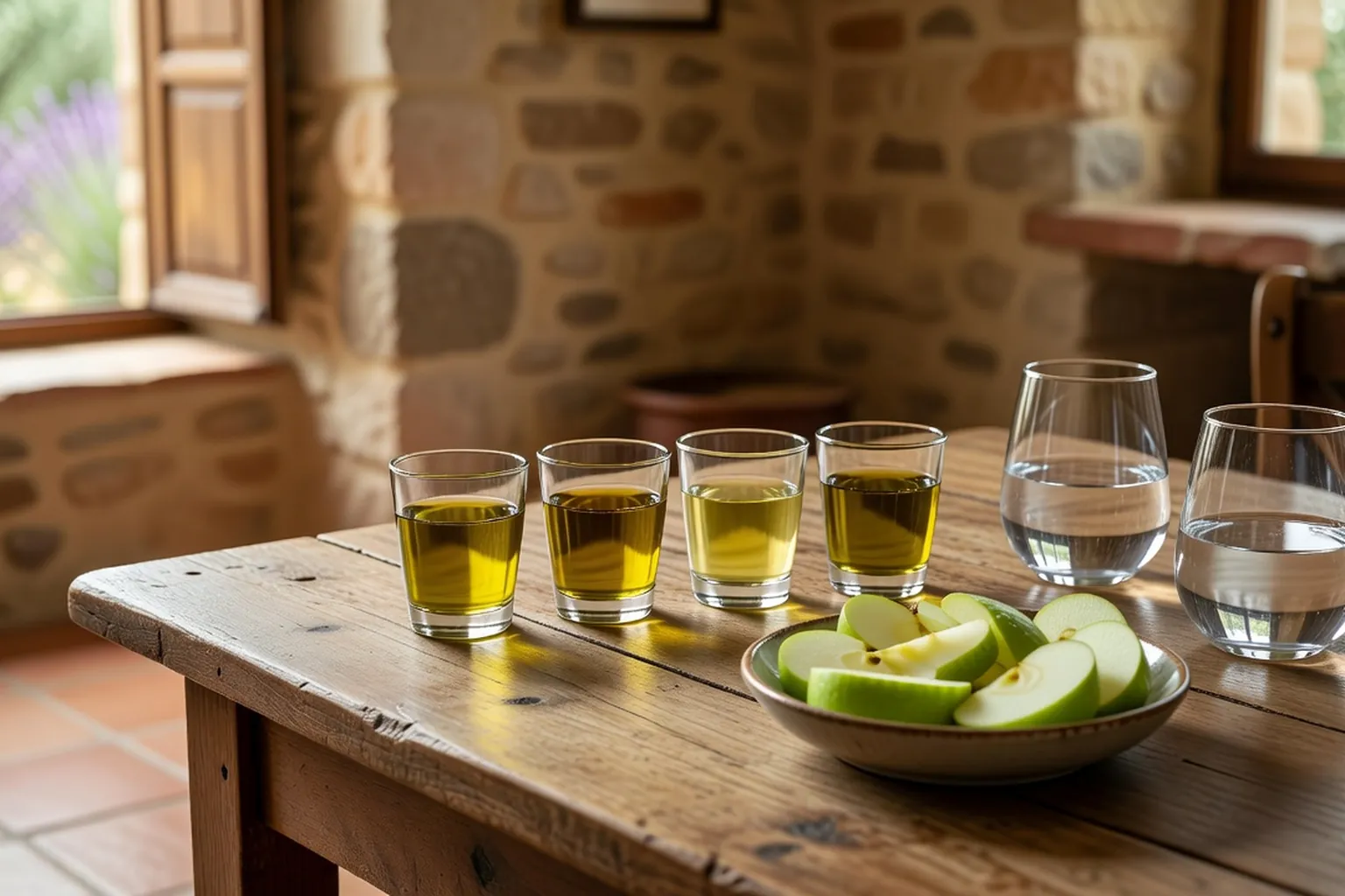 Quatre verres d'huile alignés avec des tranches de pomme et de l'eau