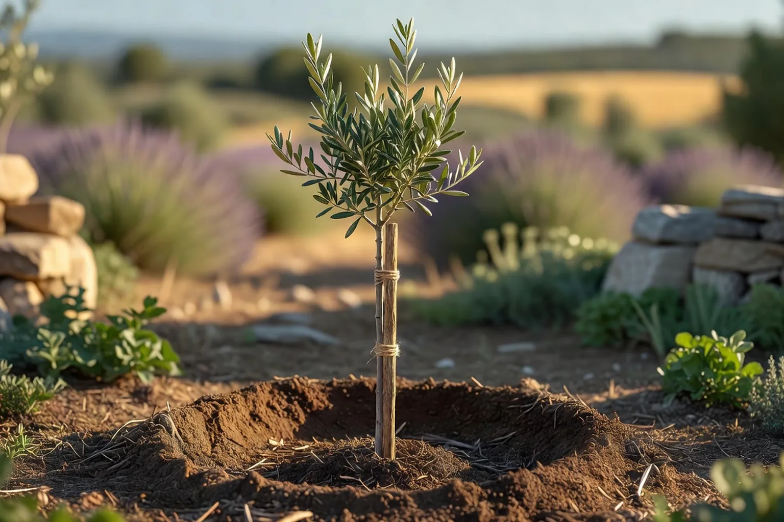 Jeune olivier planté avec son tuteur et sa cuvette d'arrosage