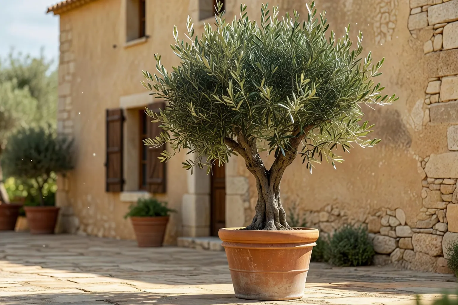 Olivier cultivé dans un grand pot en terre cuite sur une terrasse