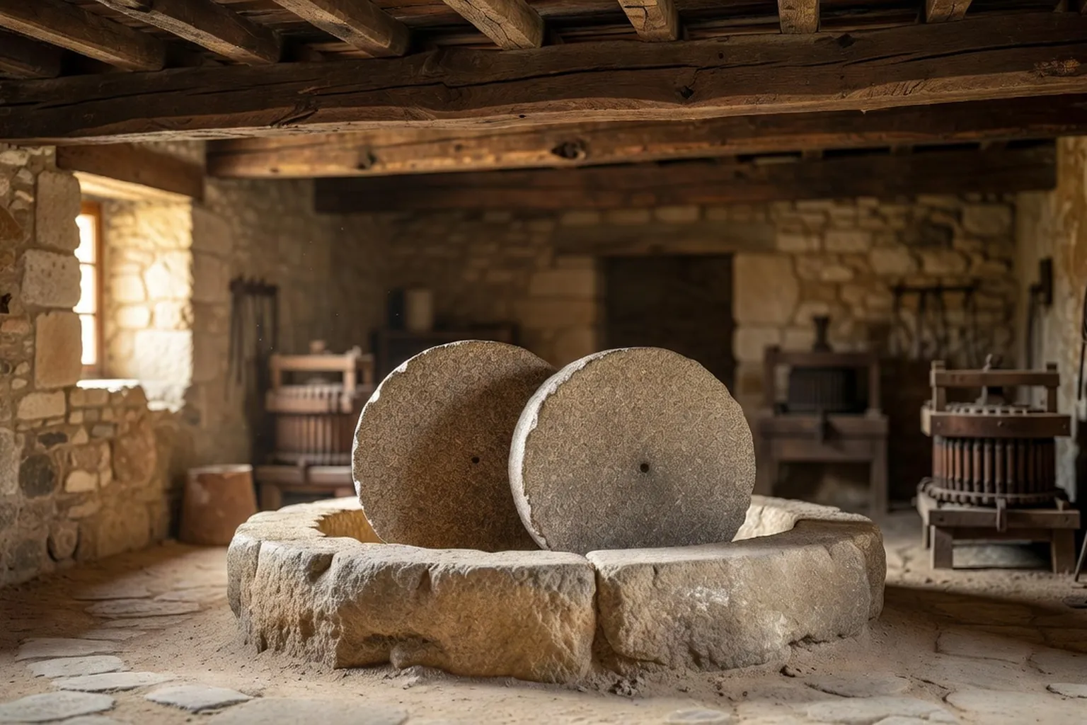 Meules de granit d'un ancien moulin à huile