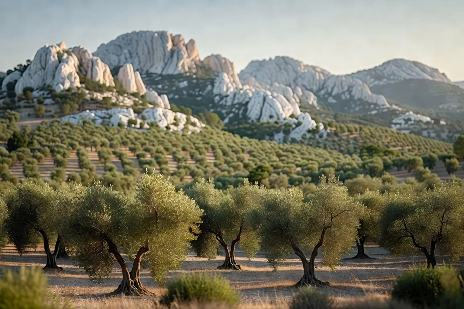 Oliveraie au pied des crêtes calcaires des Alpilles