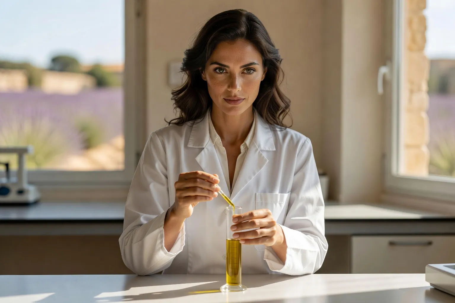 Technicienne de laboratoire analysant un échantillon d'huile d'olive