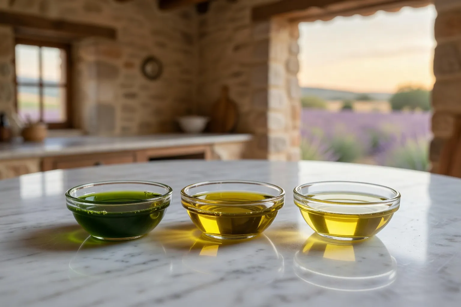 Trois coupelles d'huiles d'olive aux teintes différentes, du vert au doré