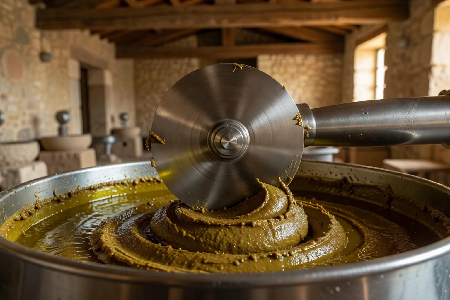 Pâte d'olive brassée dans un malaxeur en inox