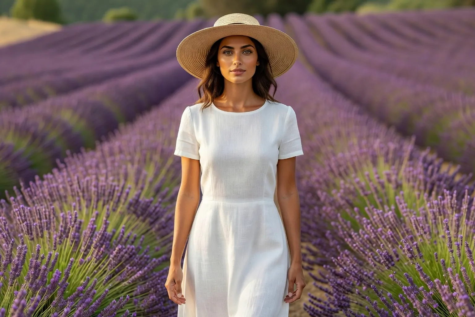 Femme marchant entre des rangs de lavande en fleurs