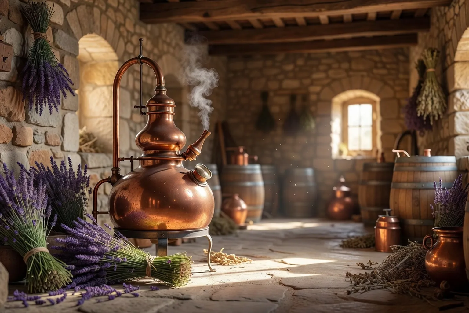 Alambic en cuivre et bottes de lavande coupée dans une distillerie