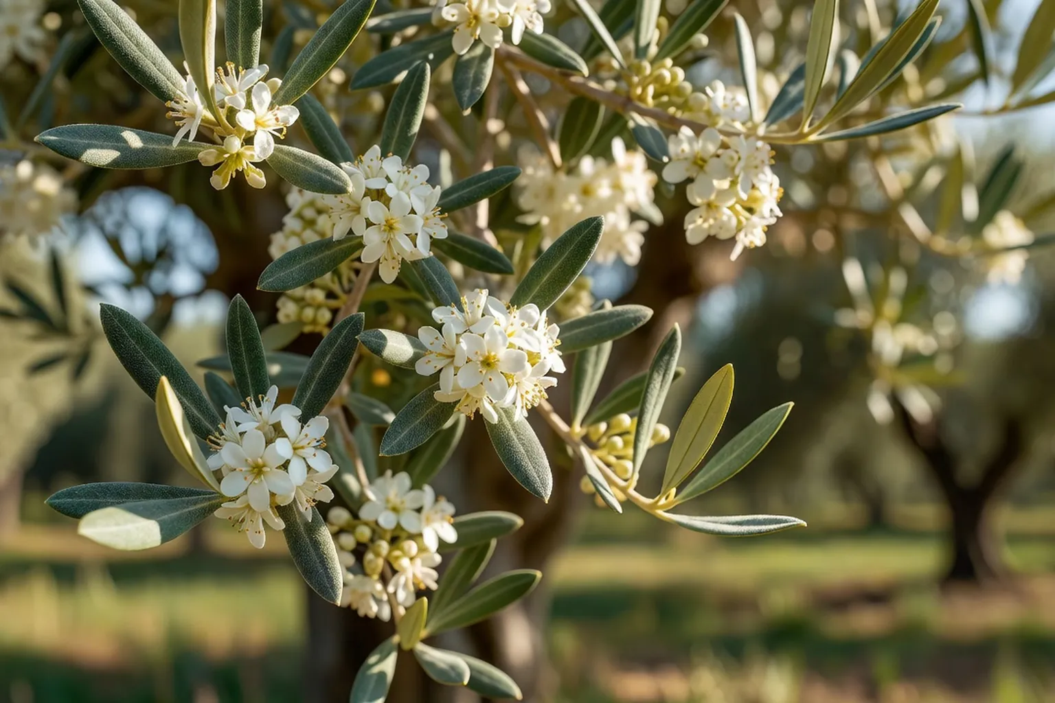 Grappes de fleurs blanches d'olivier parmi les feuilles
