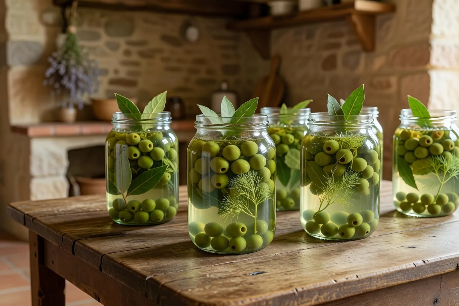 Bocaux d'olives vertes en saumure sur une table de cuisine