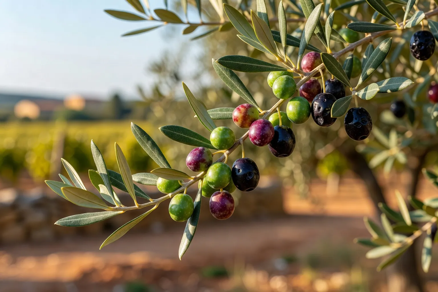 Olives à différents stades de maturité sur une même branche
