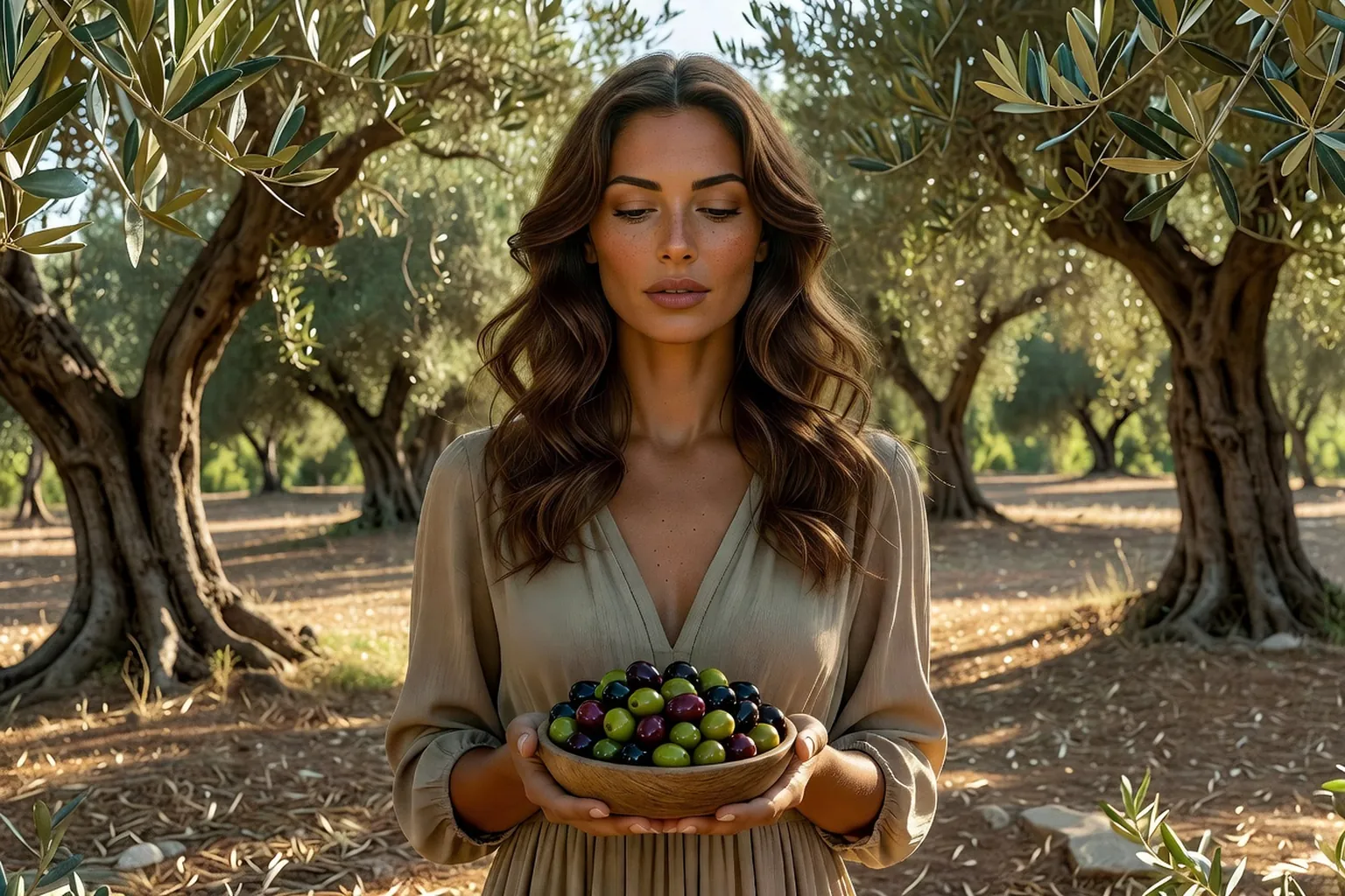 Femme tenant une coupelle d'olives de plusieurs variétés dans une oliveraie