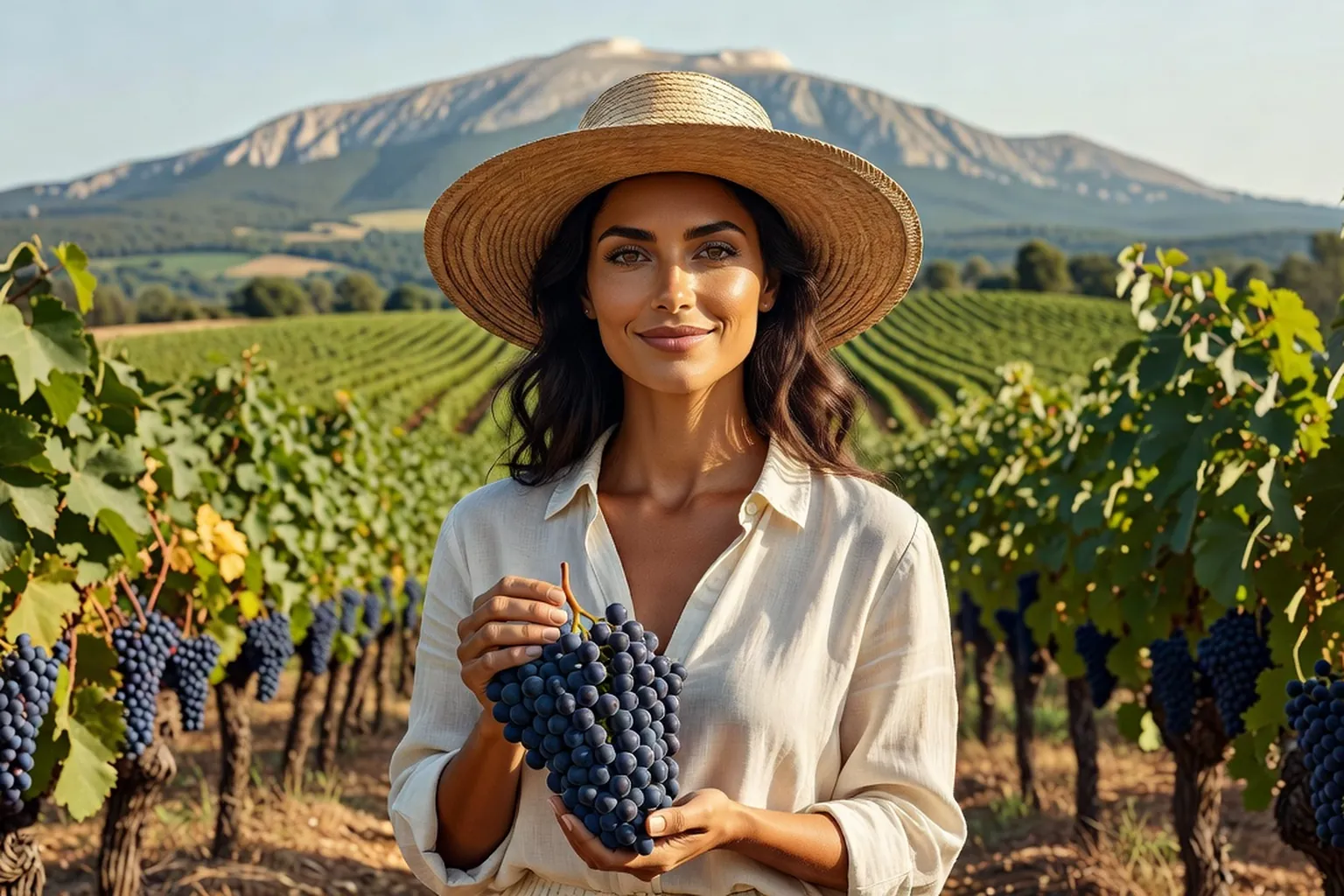 Vendangeuse tenant une grappe de raisin noir dans une vigne au pied du Ventoux