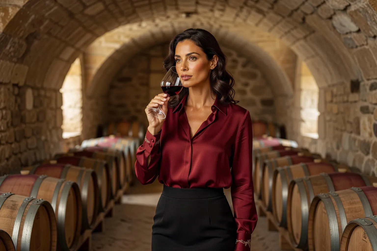 Femme dégustant un verre de vin rouge dans un caveau voûté