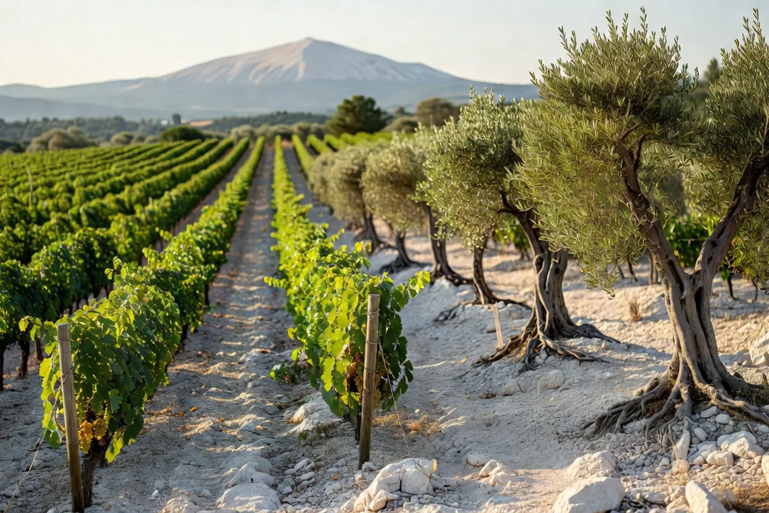 Vignes et oliviers côte à côte sur un coteau calcaire du Vaucluse