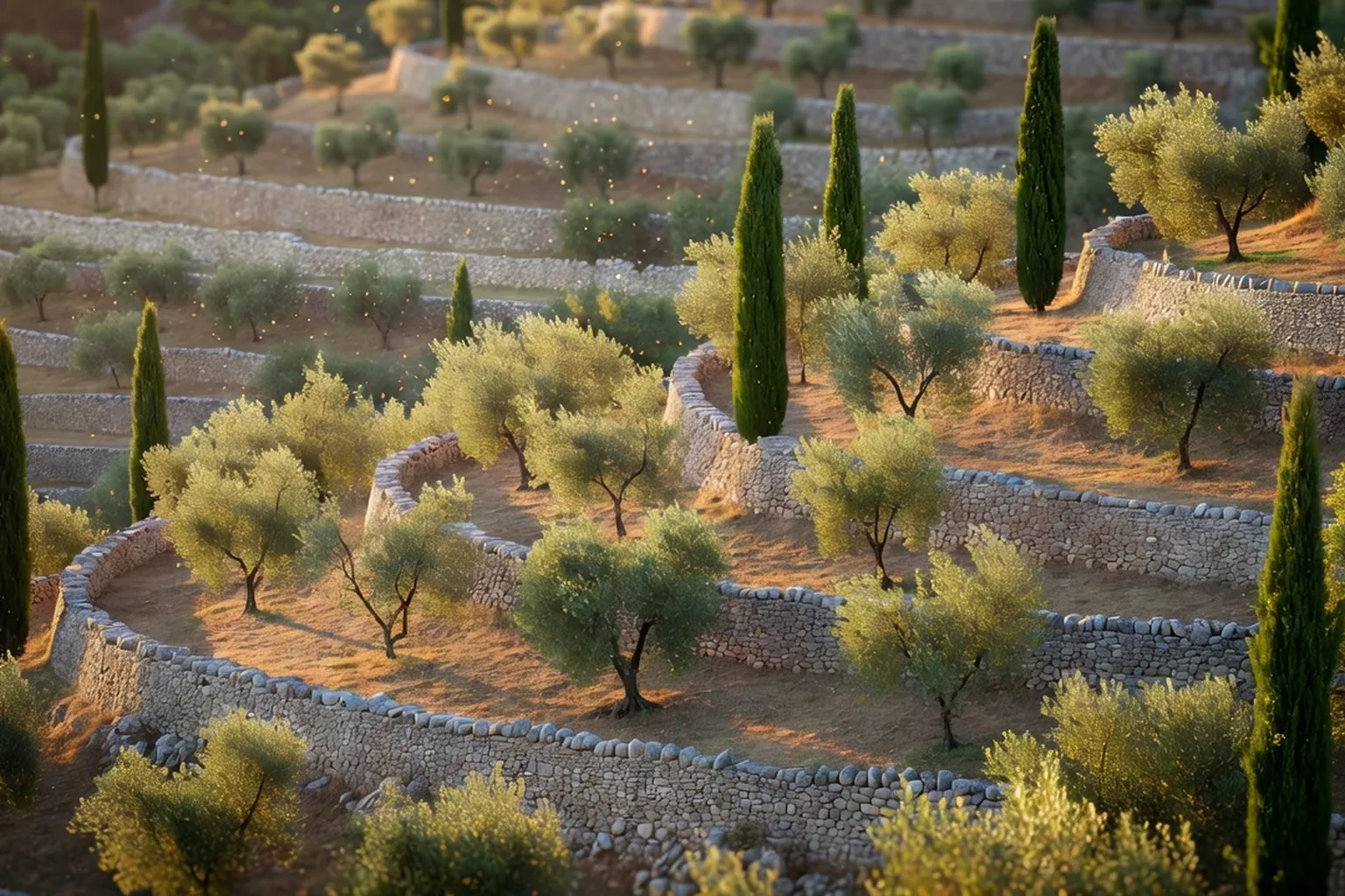 Oliveraie en terrasses délimitée par des murs de pierre sèche