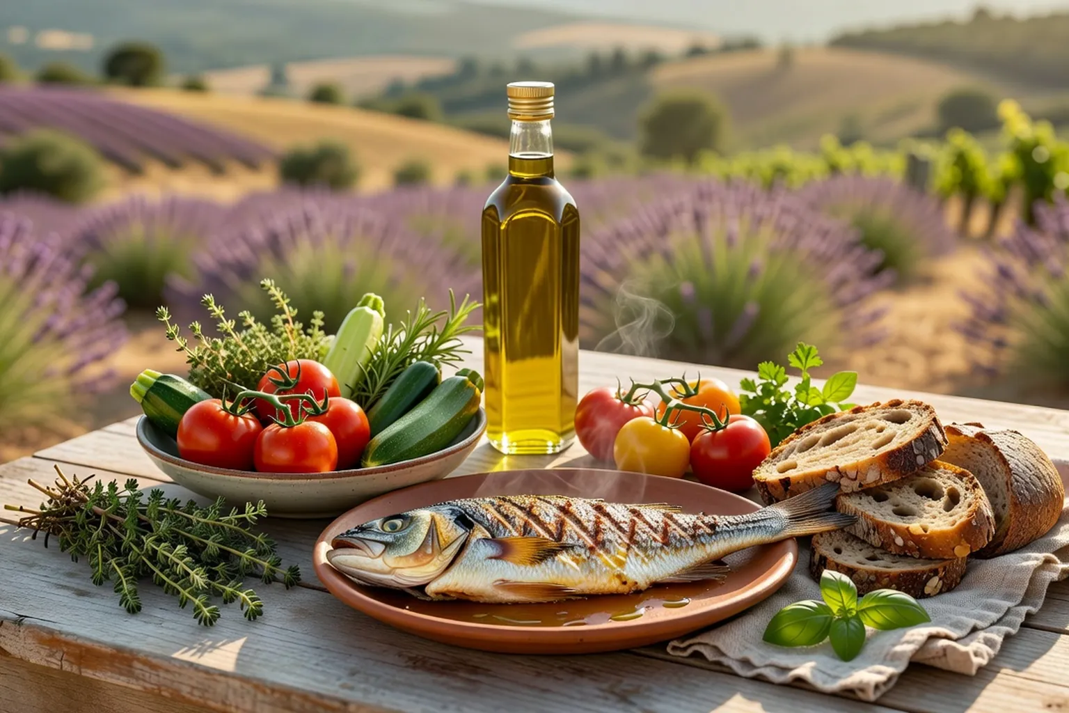 Table avec huile d'olive, légumes frais, poisson et pain complet