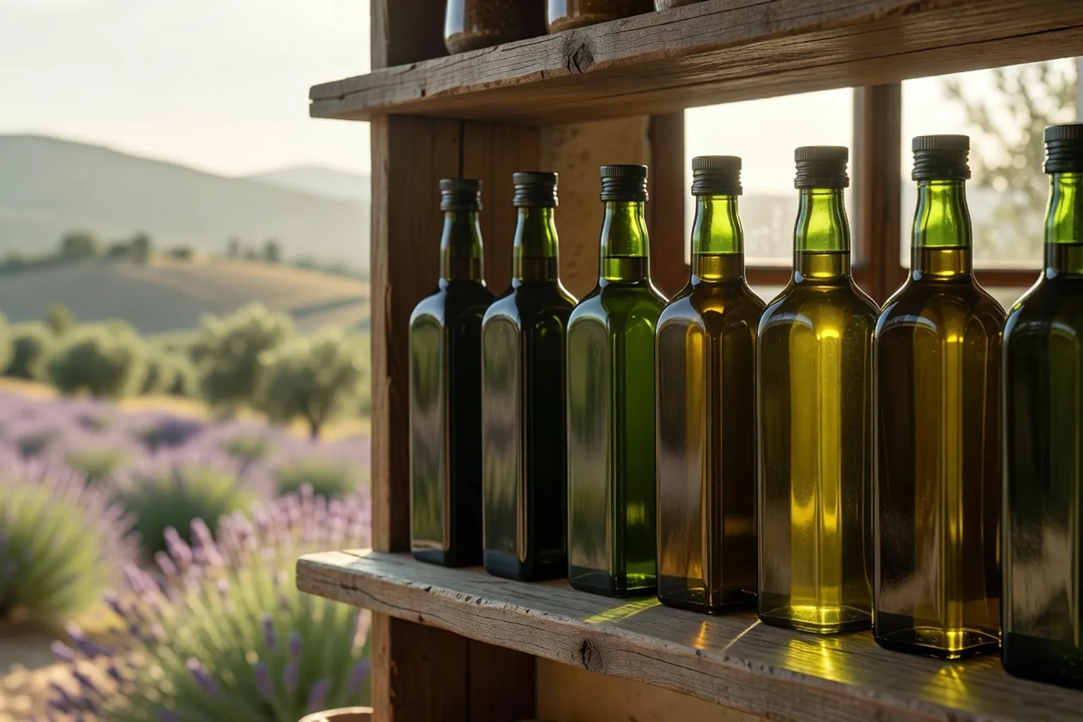 Bouteilles d'huile d'olive alignées devant une fenêtre