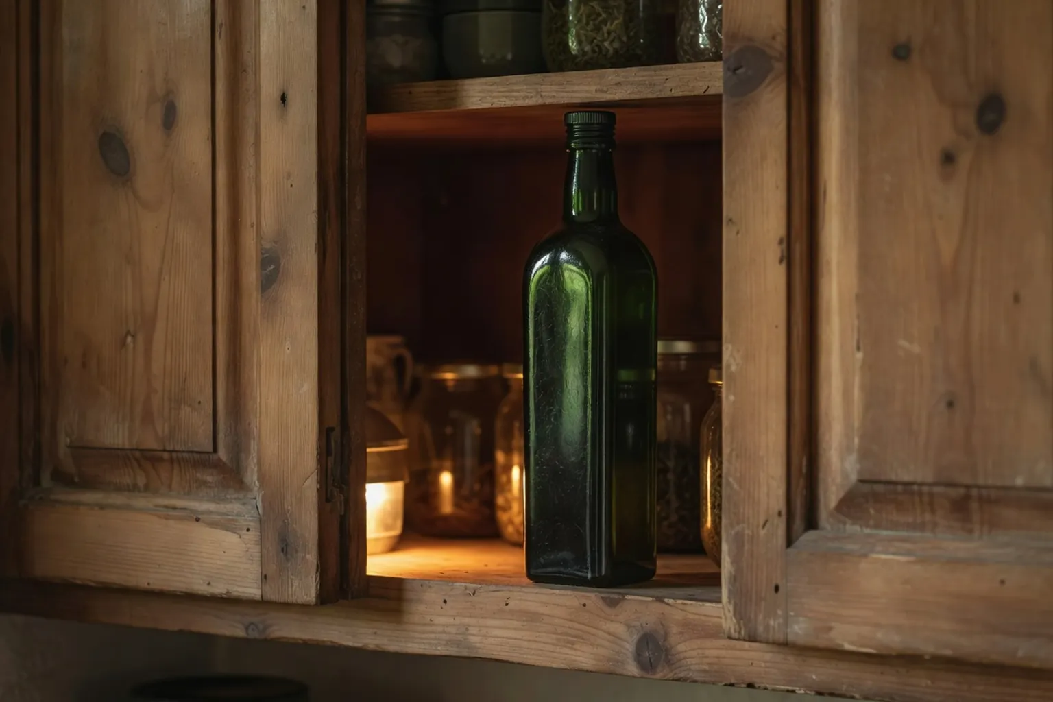 Bouteille d'huile d'olive rangée dans un placard de cuisine à l'abri de la lumière