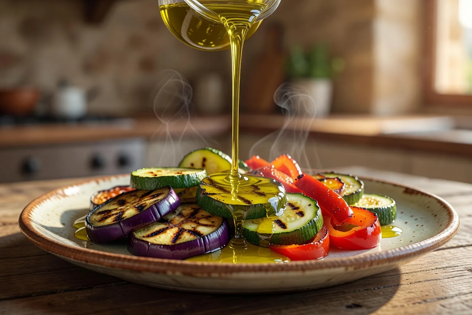 Filet d'huile d'olive versé sur des légumes grillés