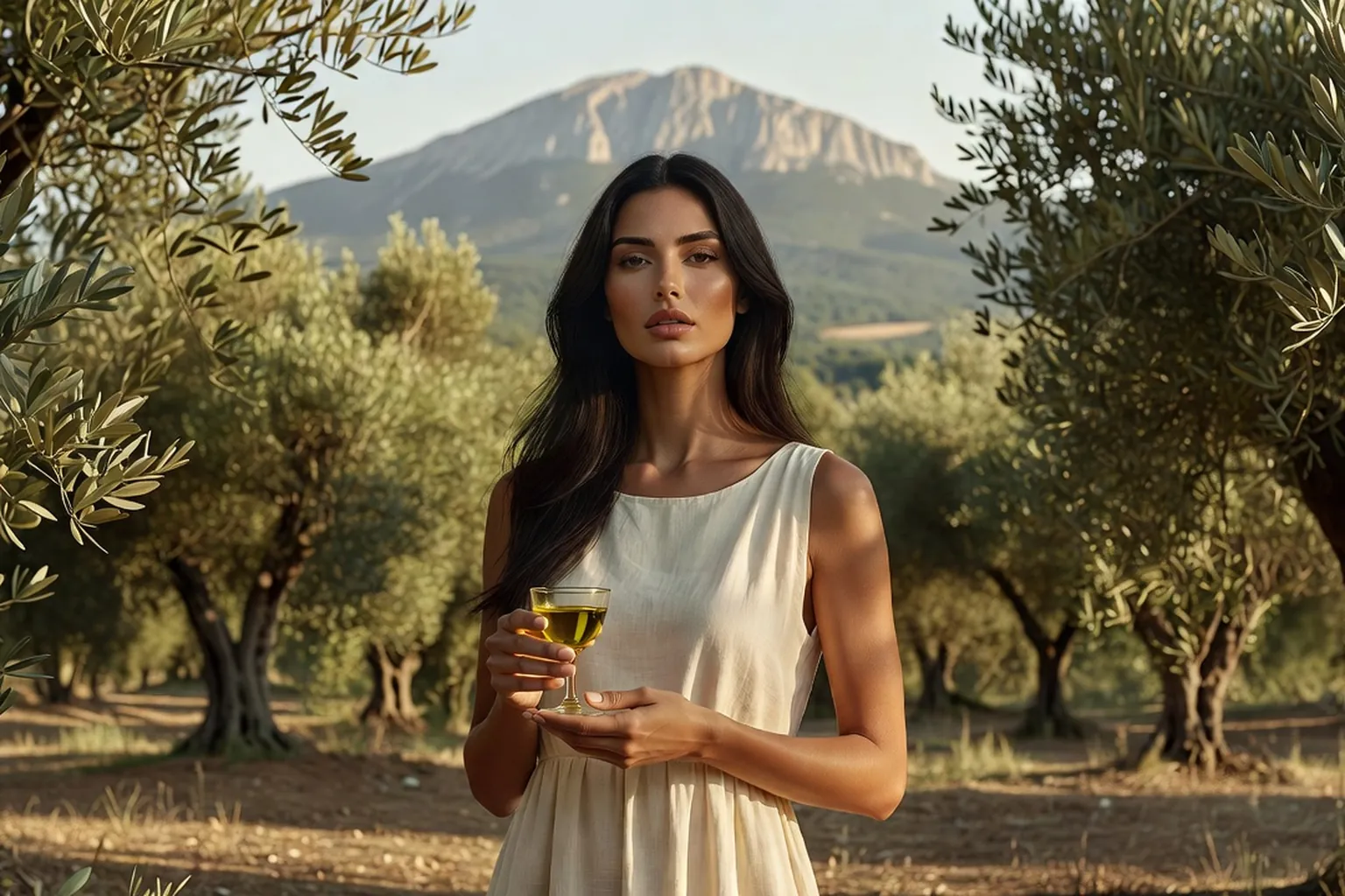 Femme tenant un petit verre d'huile d'olive dans une oliveraie, le mont Ventoux au loin