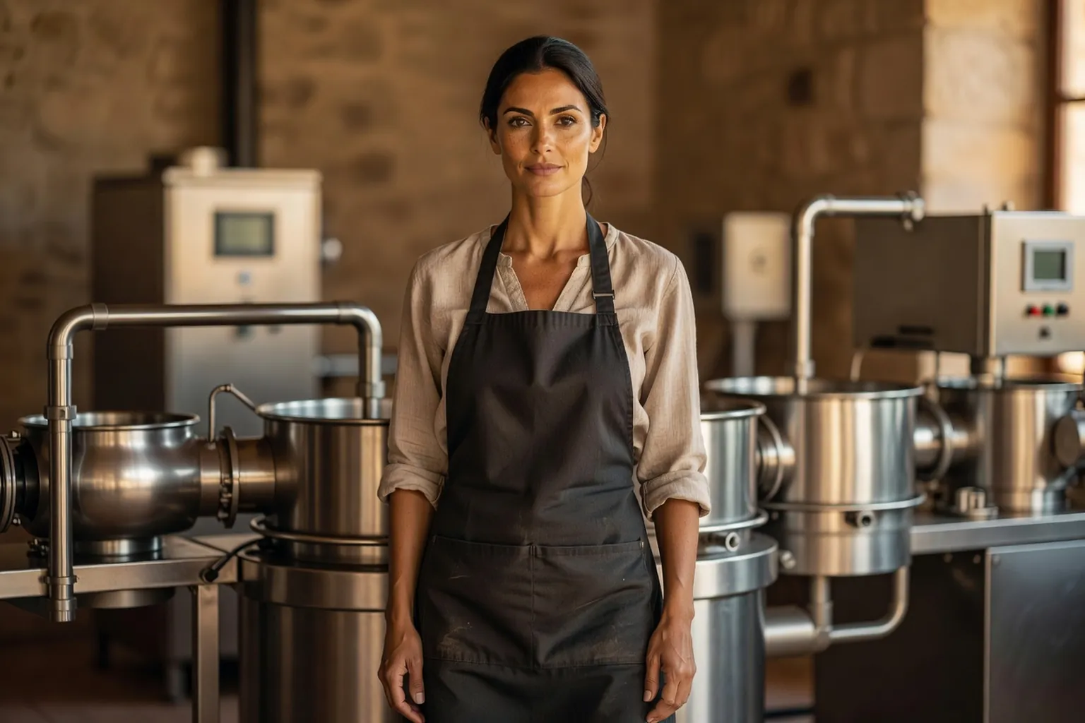 Portrait d'une moulinière devant une chaîne d'extraction en inox