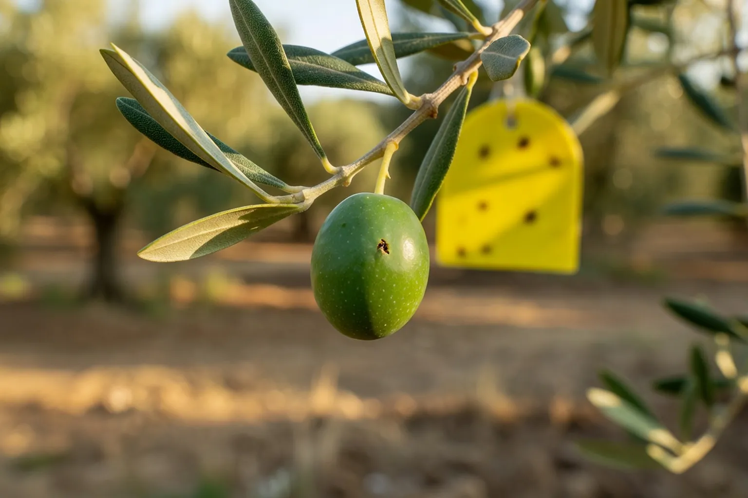 Olive verte portant une piqûre de mouche de l'olive