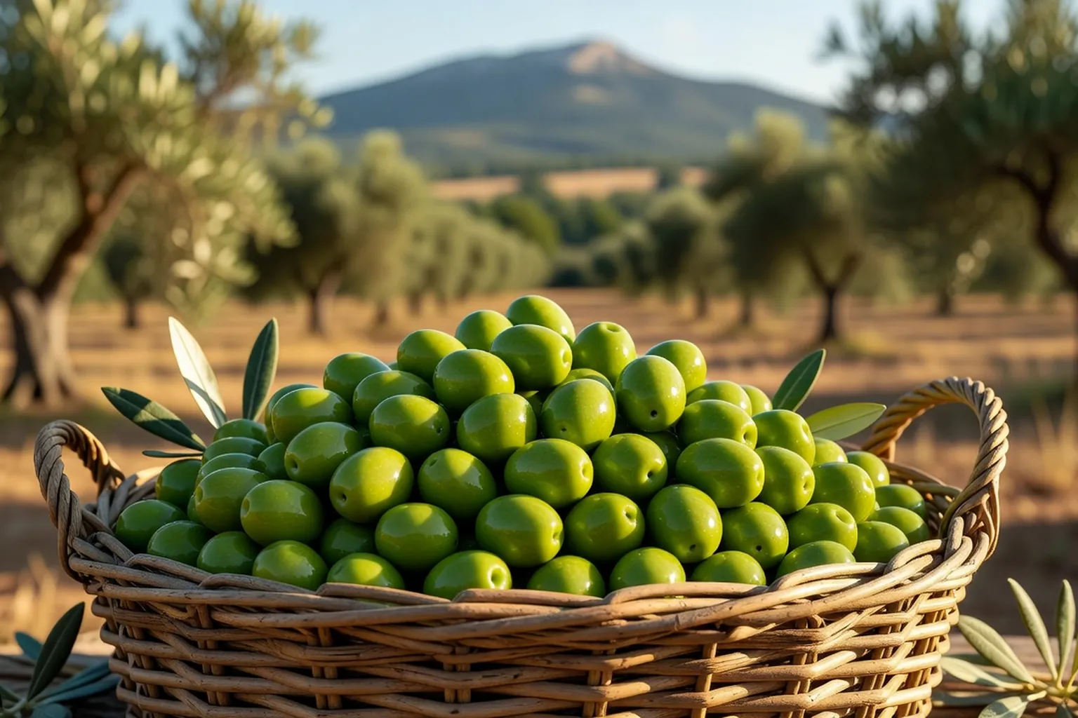 Olives vertes picholine dans un panier en osier