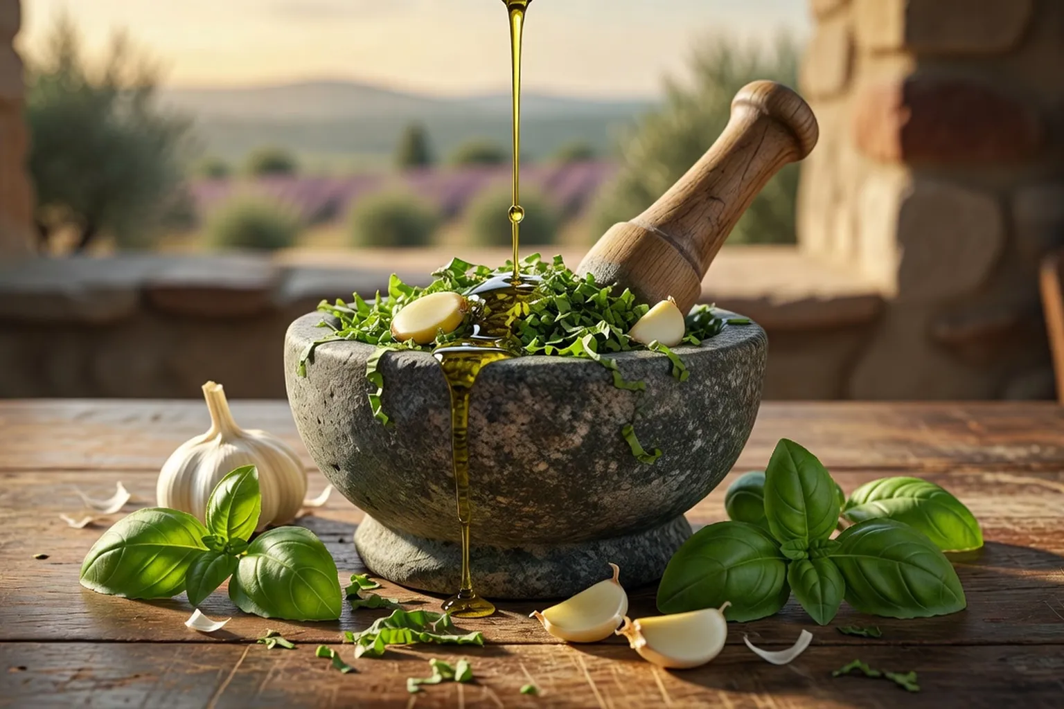 Mortier de pierre avec pistou, basilic et huile d'olive