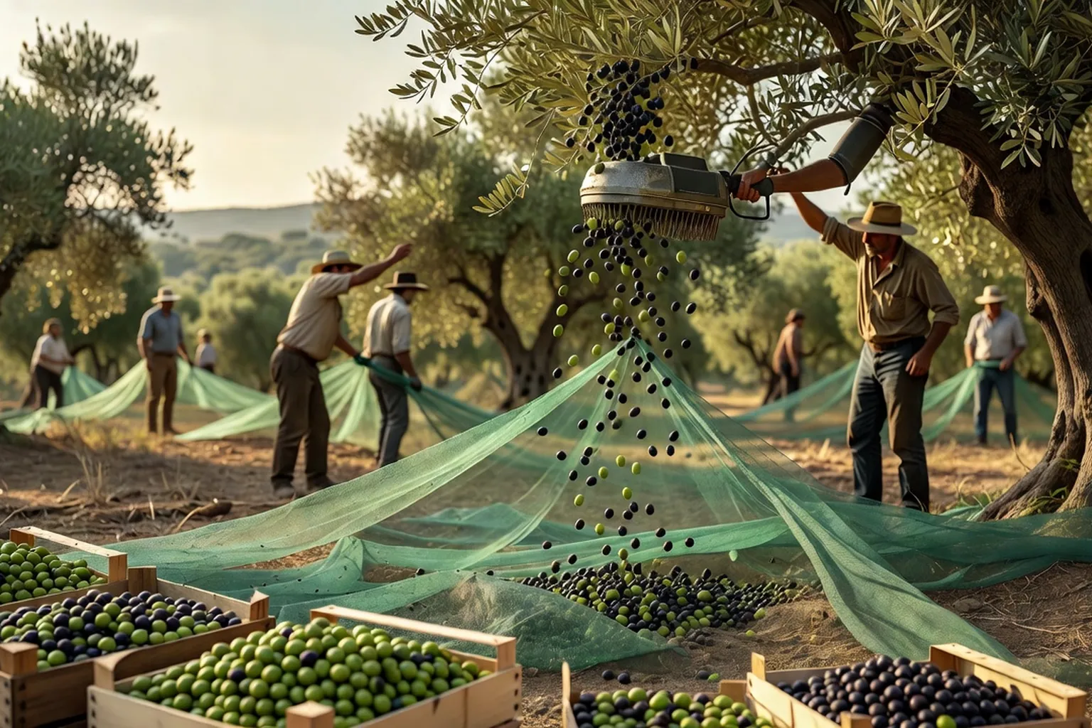 Cueillette d'olives à la main sur filets dans une oliveraie provençale