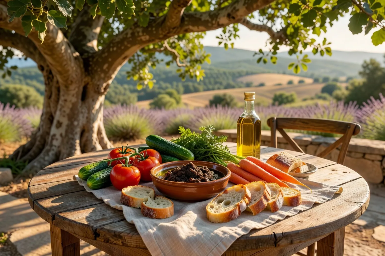 Table provençale avec légumes, pain et huile d'olive