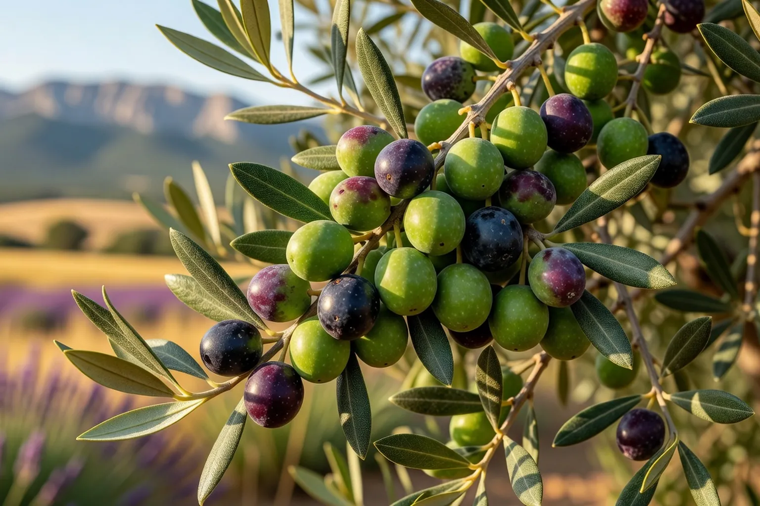 Olives vertes et noires groupées sur une branche d'olivier