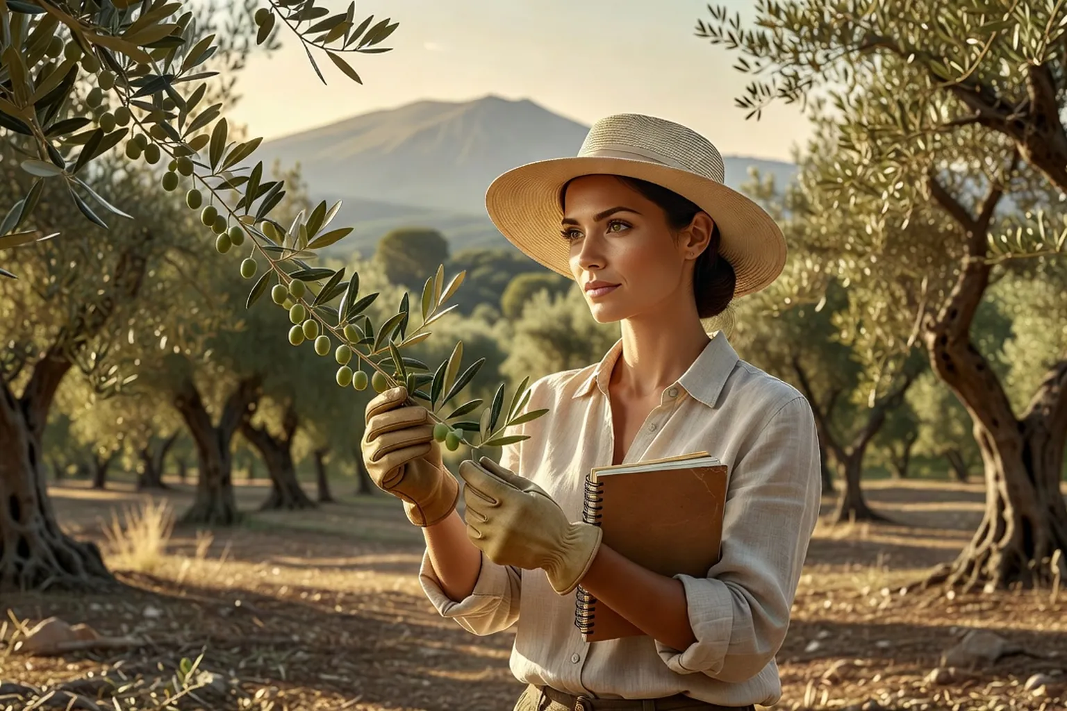 Agronome inspectant une branche d'olivier dans une oliveraie de Provence